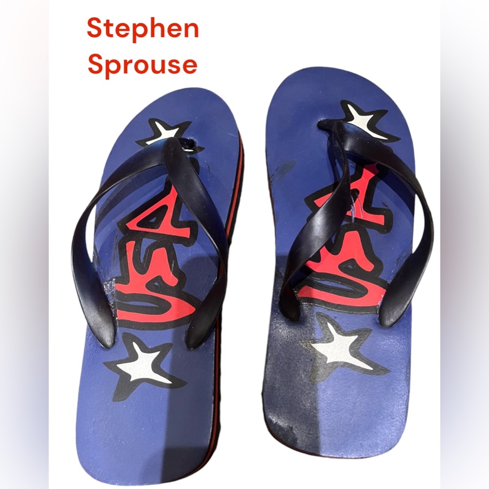 STEPHEN SPROUSE USA blue and red flip flops pool shoes.